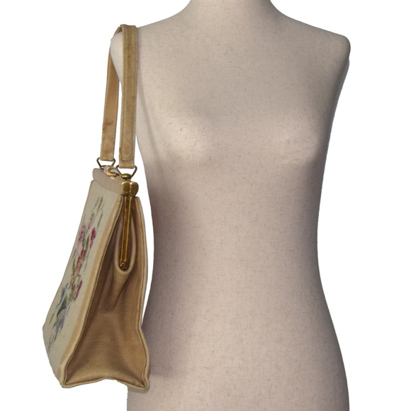 LG Vintage 50-60s Leather & Needlepoint Floral Tapestry Handbag by Elsie Tu - Picture 2 of 5